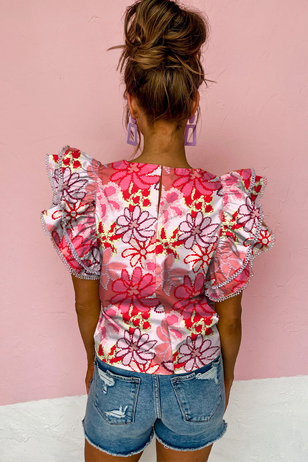 Pink Multicolor Vibrant Floral Print Trimmed Ruffle Sleeve Blouse Tops & Tees JT's Designer Fashion