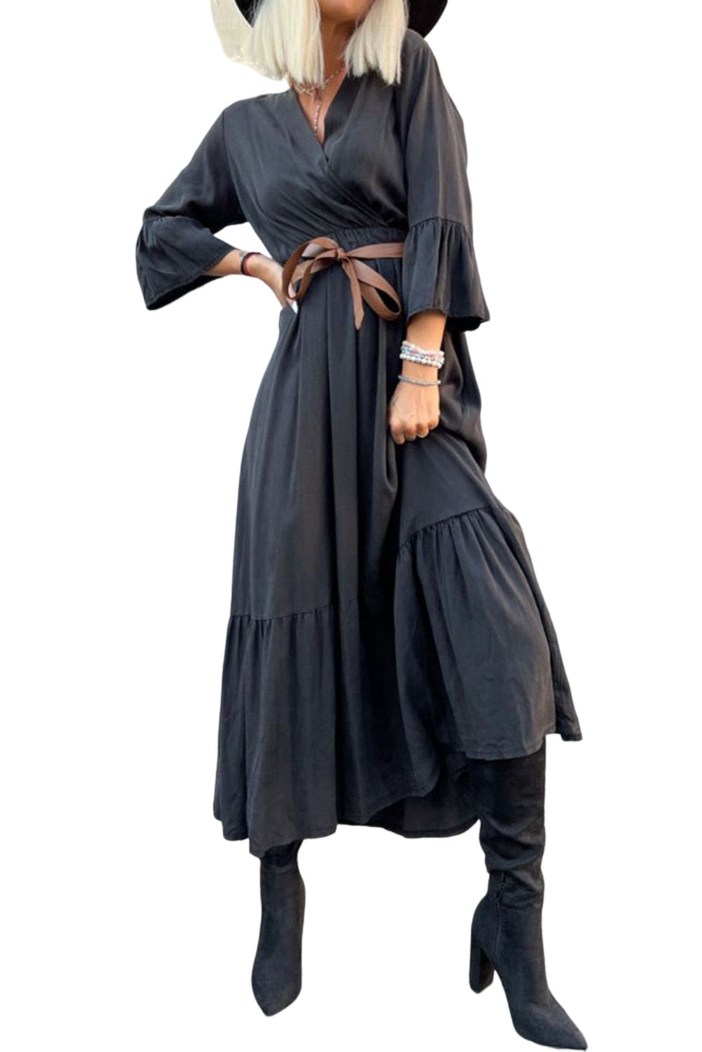 Black Ruffle Splice Wrap V Neck Empire Dress Maxi Dresses JT's Designer Fashion