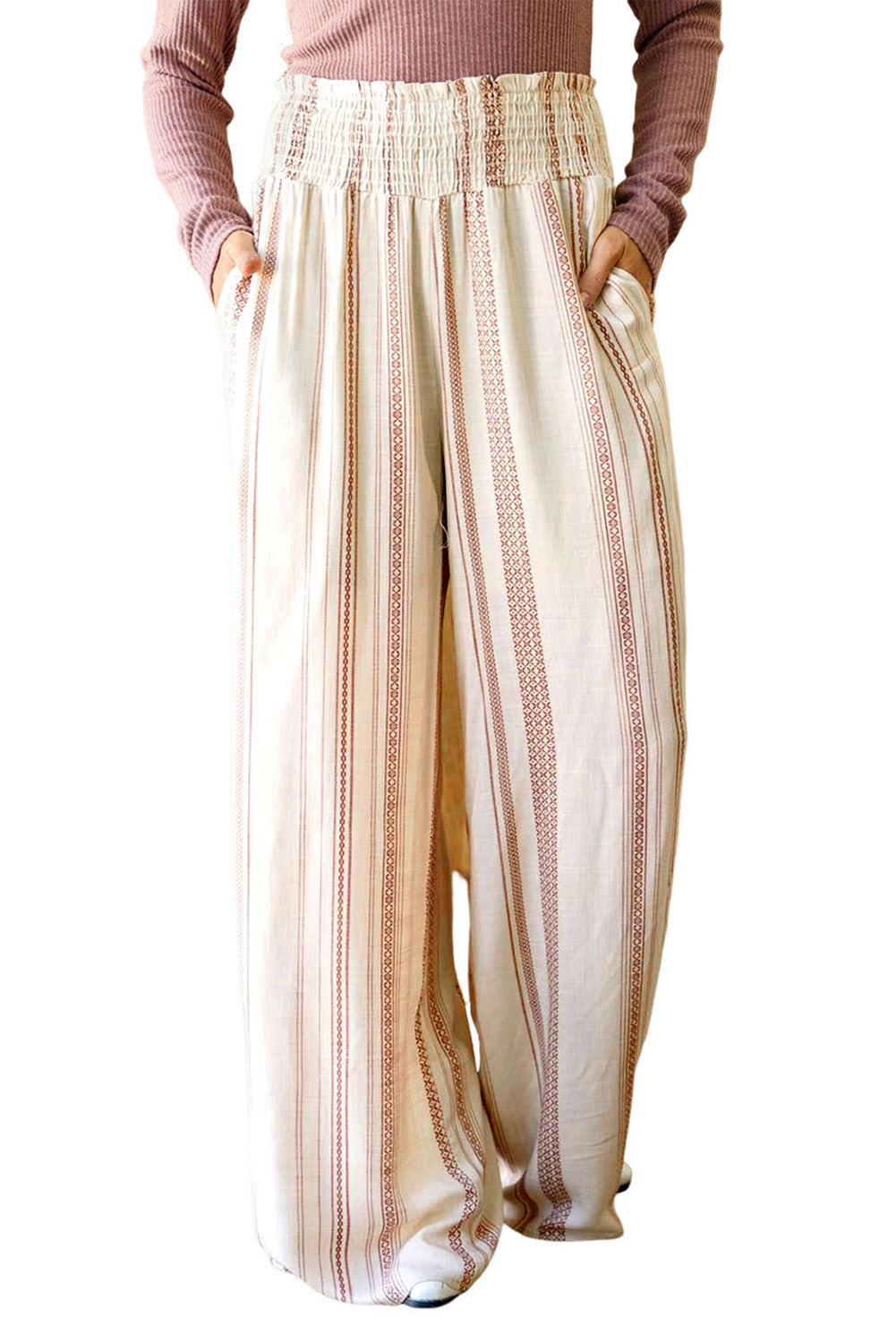 White Smocked Waist Printed Wide Leg Pants Plus Size Bottoms JT's Designer Fashion