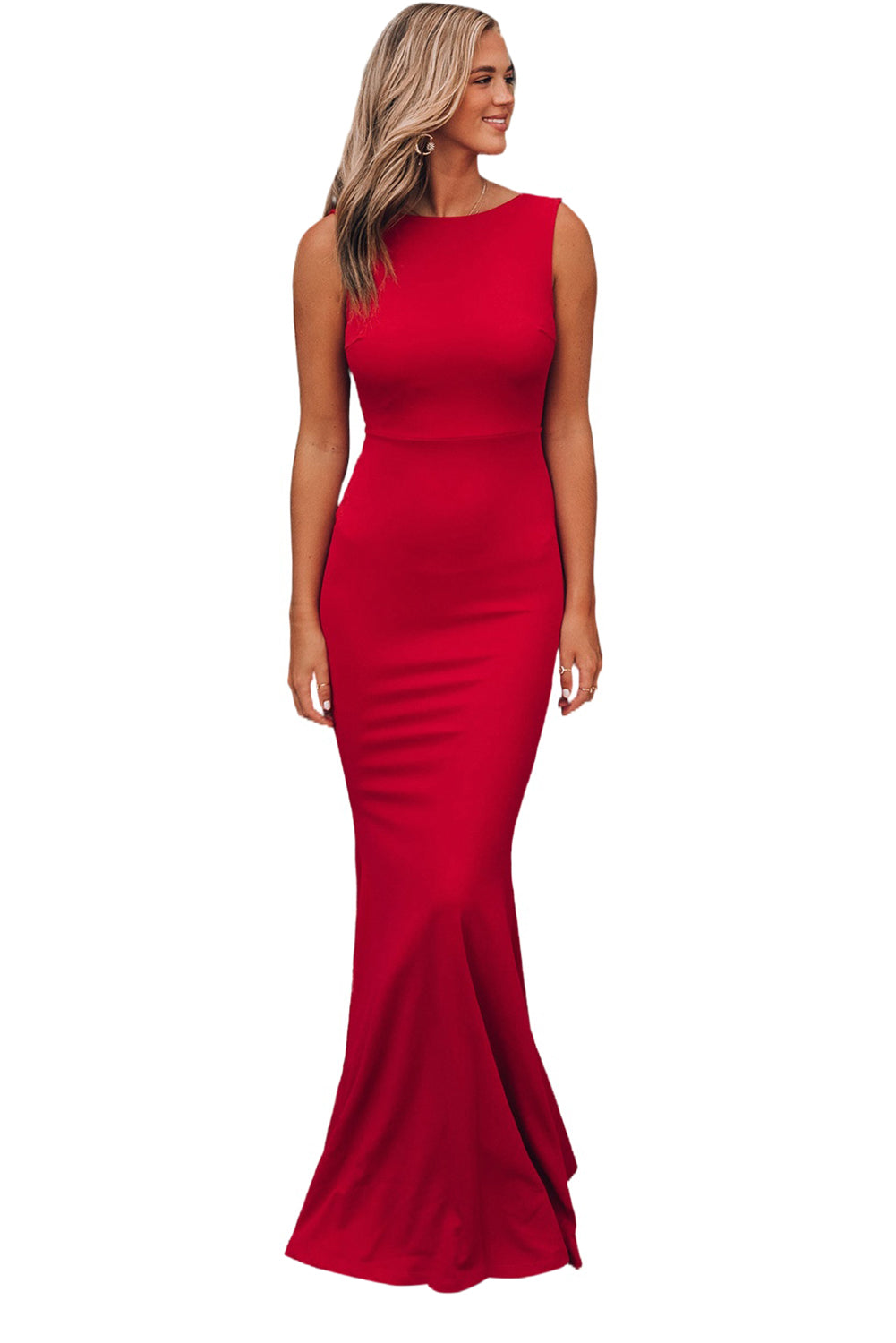 Red Bow Knot Ruffled Backless Sleeveless Gown Evening Dresses JT's Designer Fashion