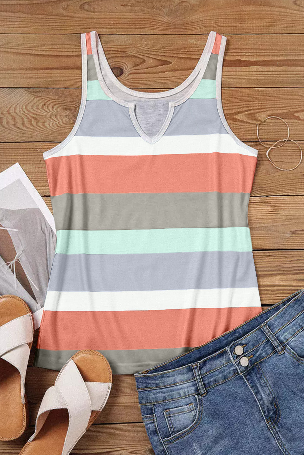 Green Striped Color Block Notched Neck Tank Top Tank Tops JT's Designer Fashion