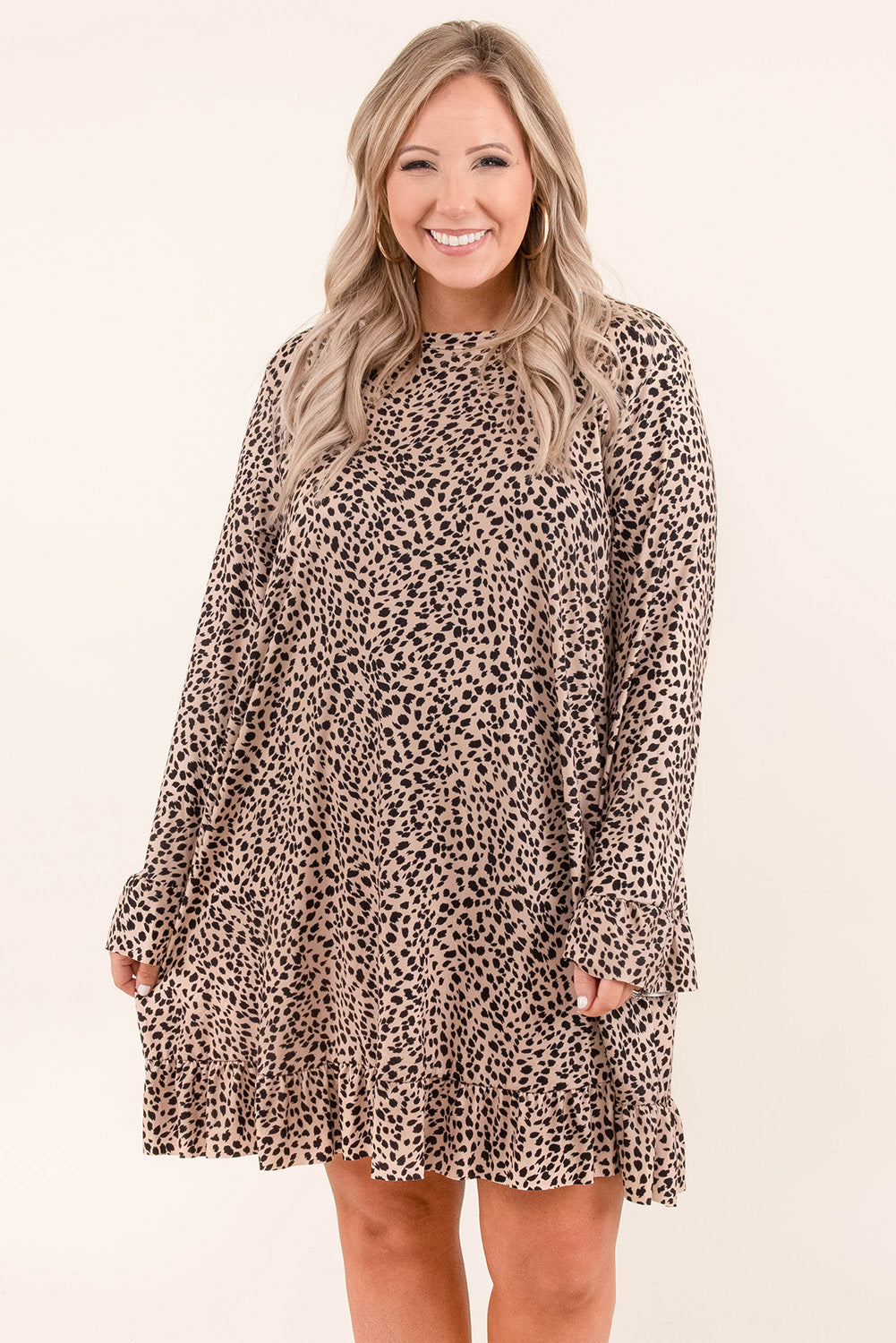 Leopard Ruffle Long Sleeve Plus Size Mini Dress Plus Size JT's Designer Fashion