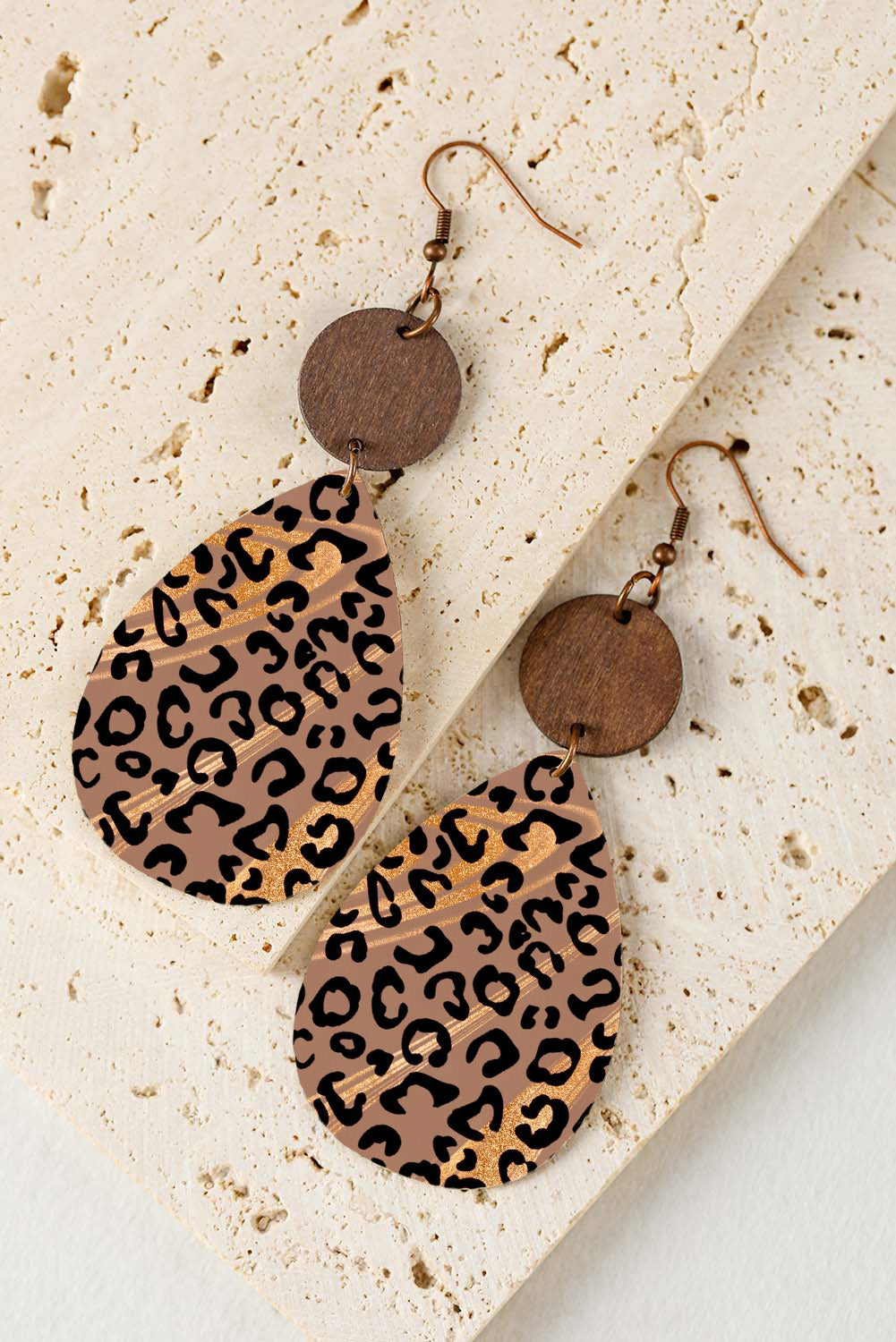 Chestnut Round Wood Leopard Print Drop Earrings Jewelry JT's Designer Fashion