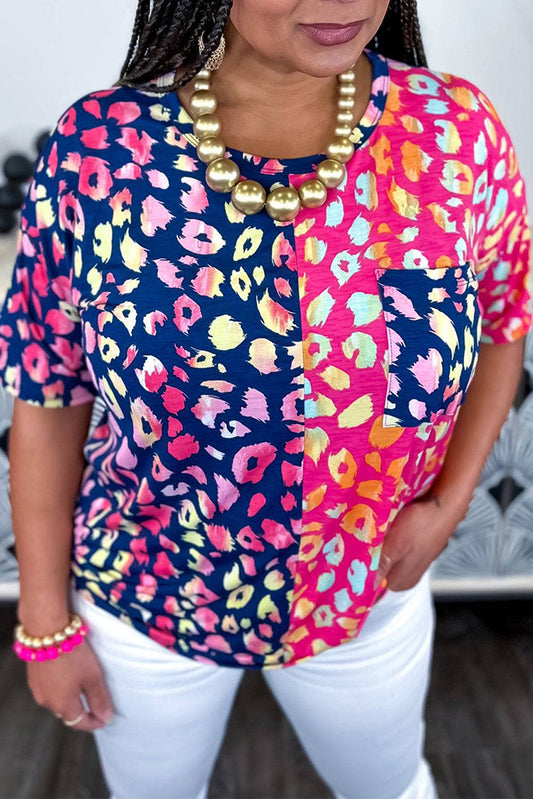 Plus Size Leopard Colorblock Short Sleeve Top Plus Size Tops JT's Designer Fashion