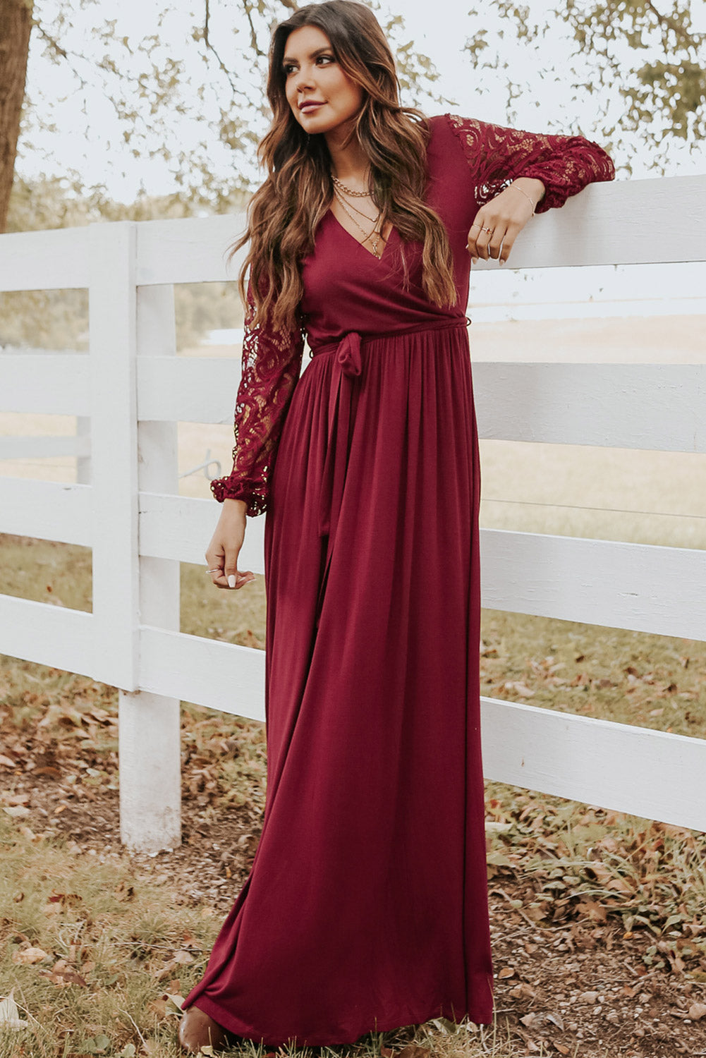 Red Lace Sleeve Faux Wrap Belted Maxi Dress Maxi Dresses JT's Designer Fashion