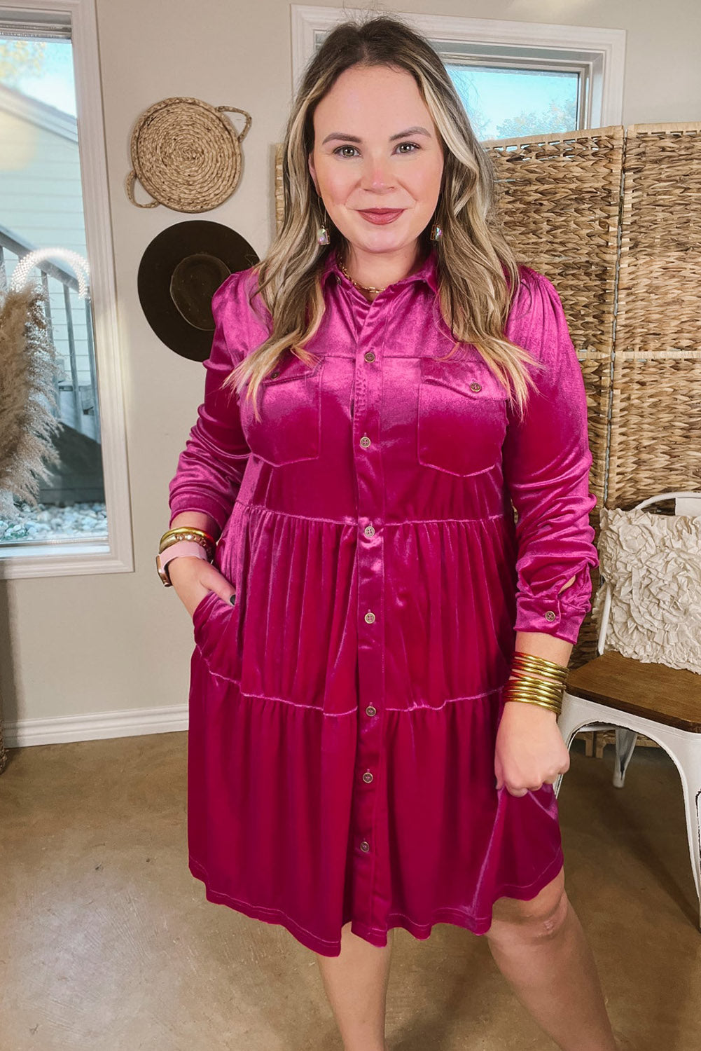 Rose Red Plus Size Velvet Long Sleeve Button-Up Tiered Dress Plus Size JT's Designer Fashion