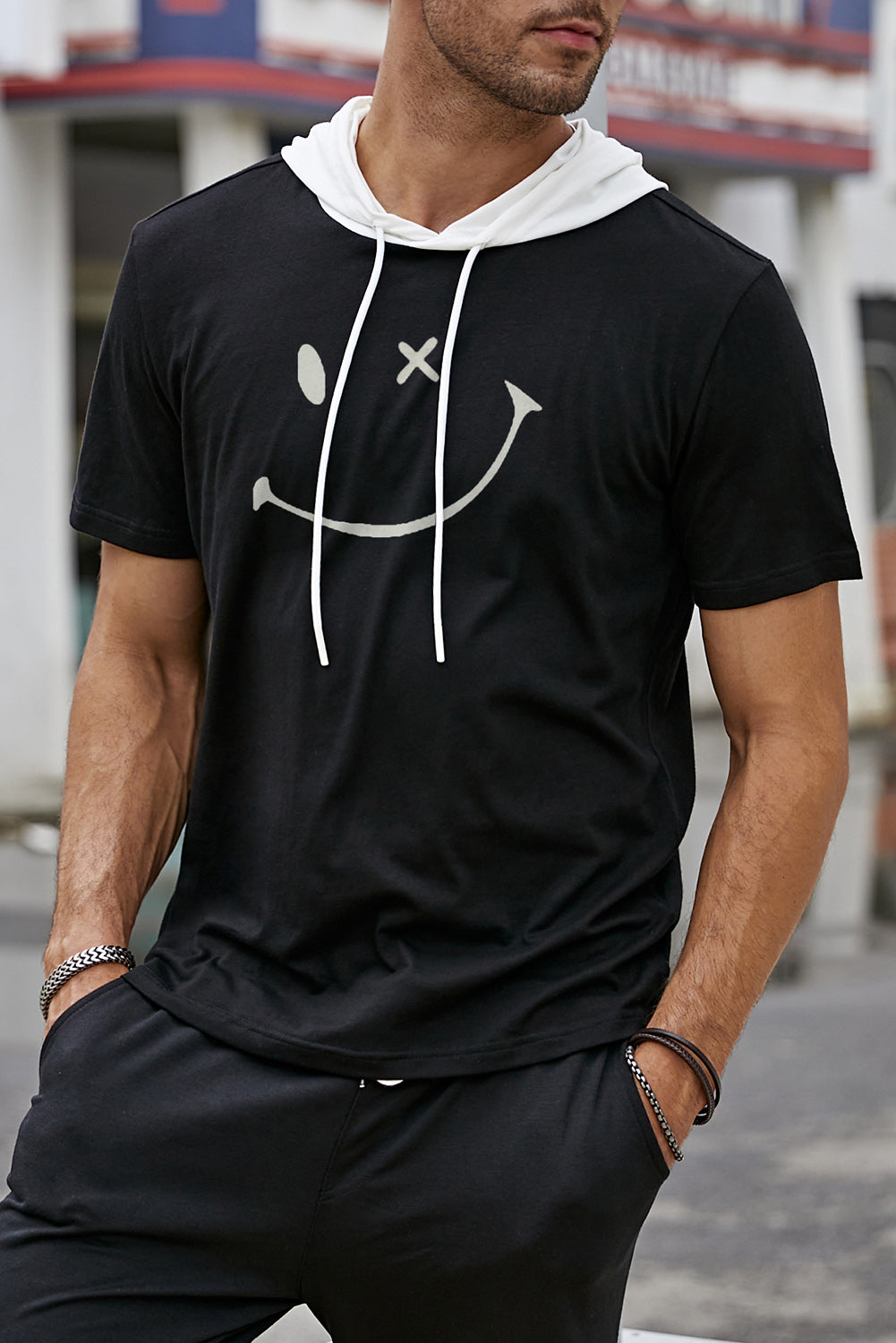 Black Funny Smile Face Print Short Sleeve Hooded Tee Black 65%Polyester+30%Cotton+5%Elastane Men's Tops JT's Designer Fashion