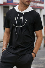 Black Funny Smile Face Print Short Sleeve Hooded Tee Black 65%Polyester+30%Cotton+5%Elastane Men's Tops JT's Designer Fashion