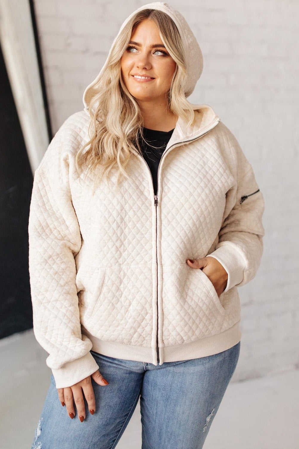 Bright White Zipped Shoulder Pocket Plus Size Quilted Jacket Plus Size JT's Designer Fashion