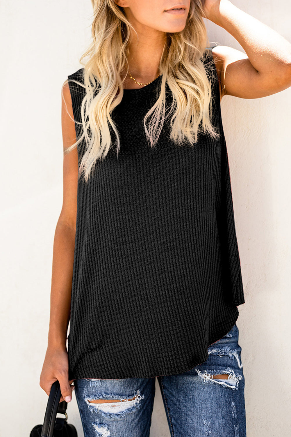 Black Crew Neck Waffle Tank Top Black 95%Polyester+5%Spandex Tank Tops JT's Designer Fashion