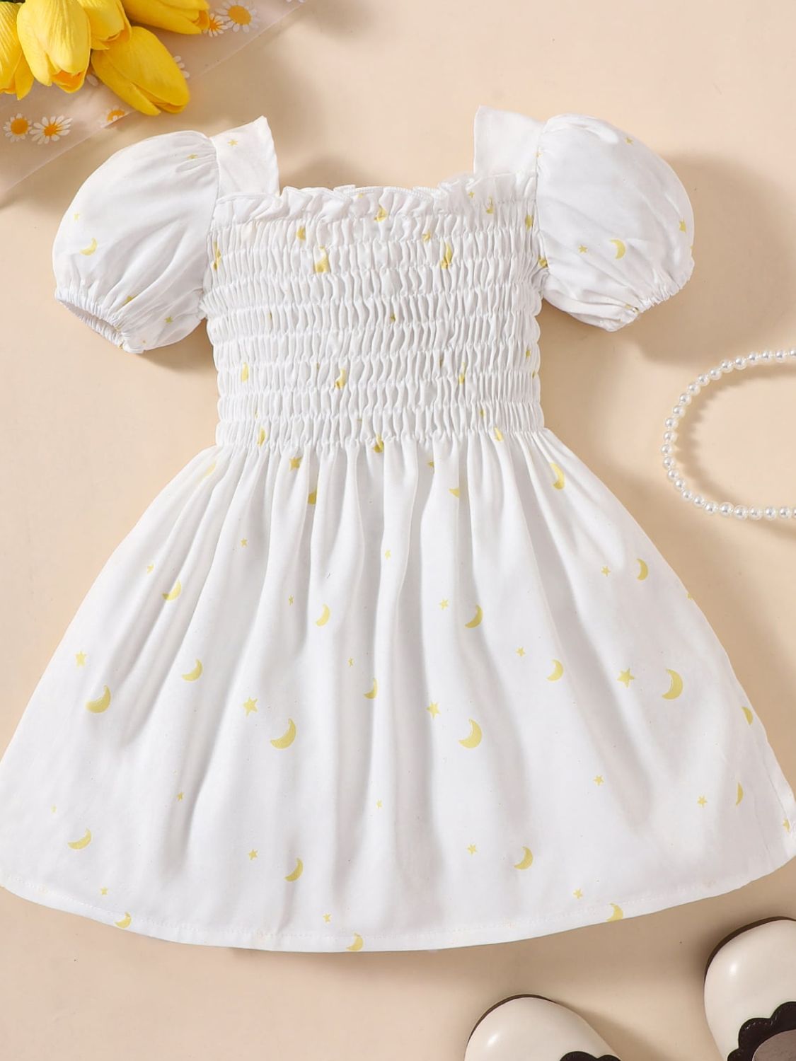 Baby Girl Printed Square Neck Smocked Dress White Girls Dresses JT's Designer Fashion