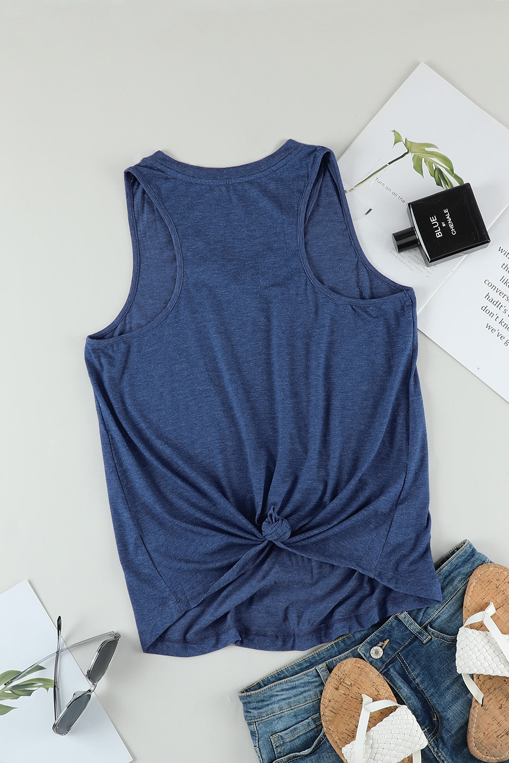 Blue V Neck Racerback Tank Top with Pocket Tank Tops JT's Designer Fashion