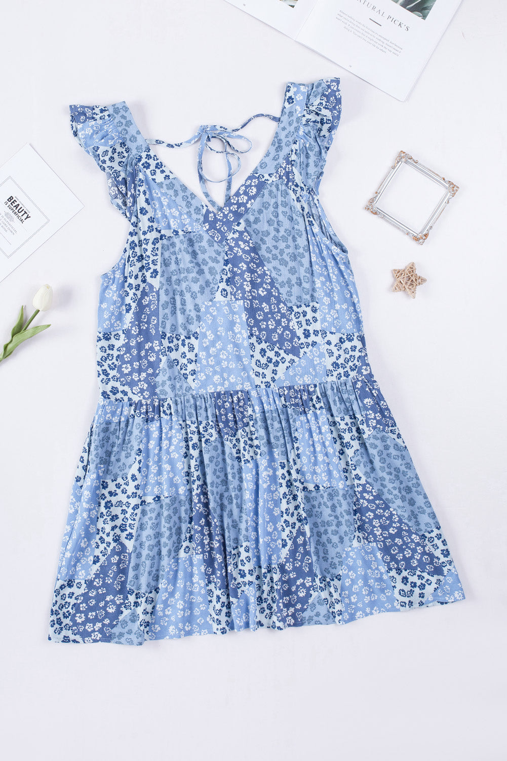 Sky Blue Floral Print Lace-up Open Back Ruffled V Neck Babydoll Dress Floral Dresses JT's Designer Fashion