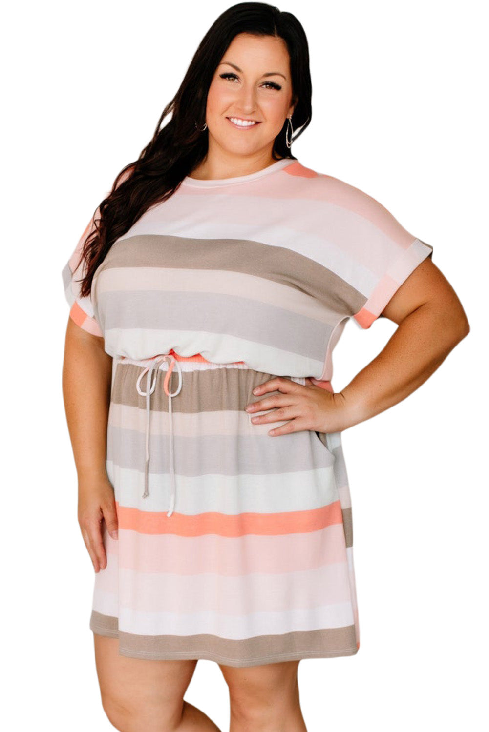 Striped Print Drawstring Short Sleeve Plus Size Dress Plus Size Dresses JT's Designer Fashion