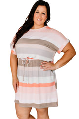 Striped Print Drawstring Short Sleeve Plus Size Dress Plus Size Dresses JT's Designer Fashion