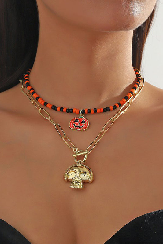 Orange Halloween Beaded Double Layer Pendant Necklace Jewelry JT's Designer Fashion