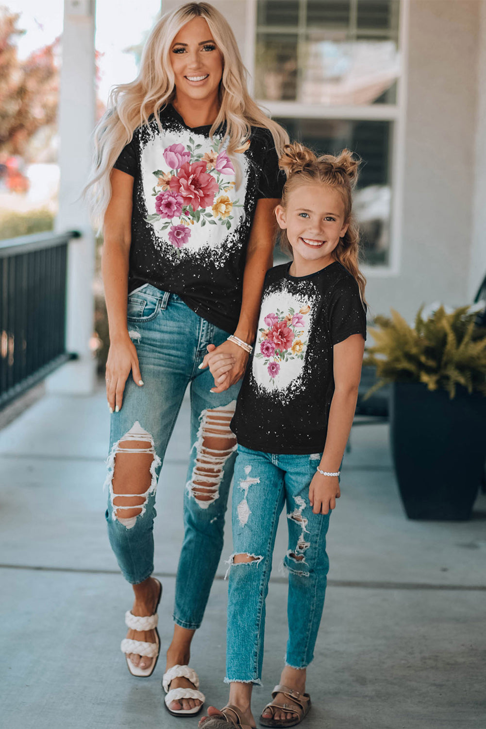 Black Family Matching Girl's Floral Print Color Block T Shirt Family T-shirts JT's Designer Fashion