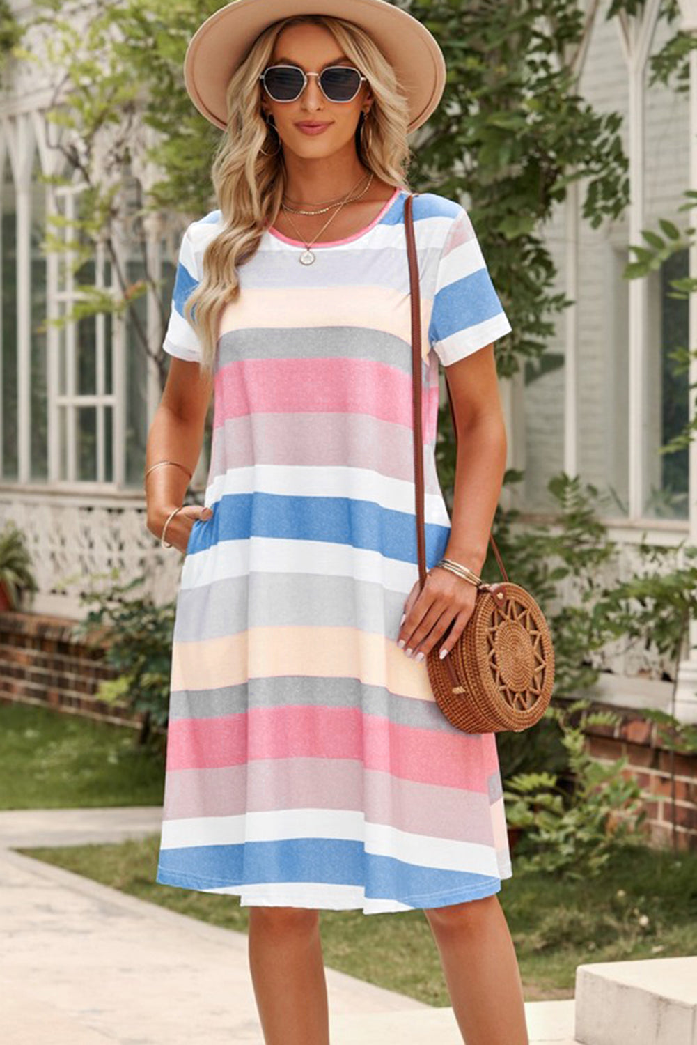 Multicolor Striped Pocket T Shirt Dress T Shirt Dresses JT's Designer Fashion