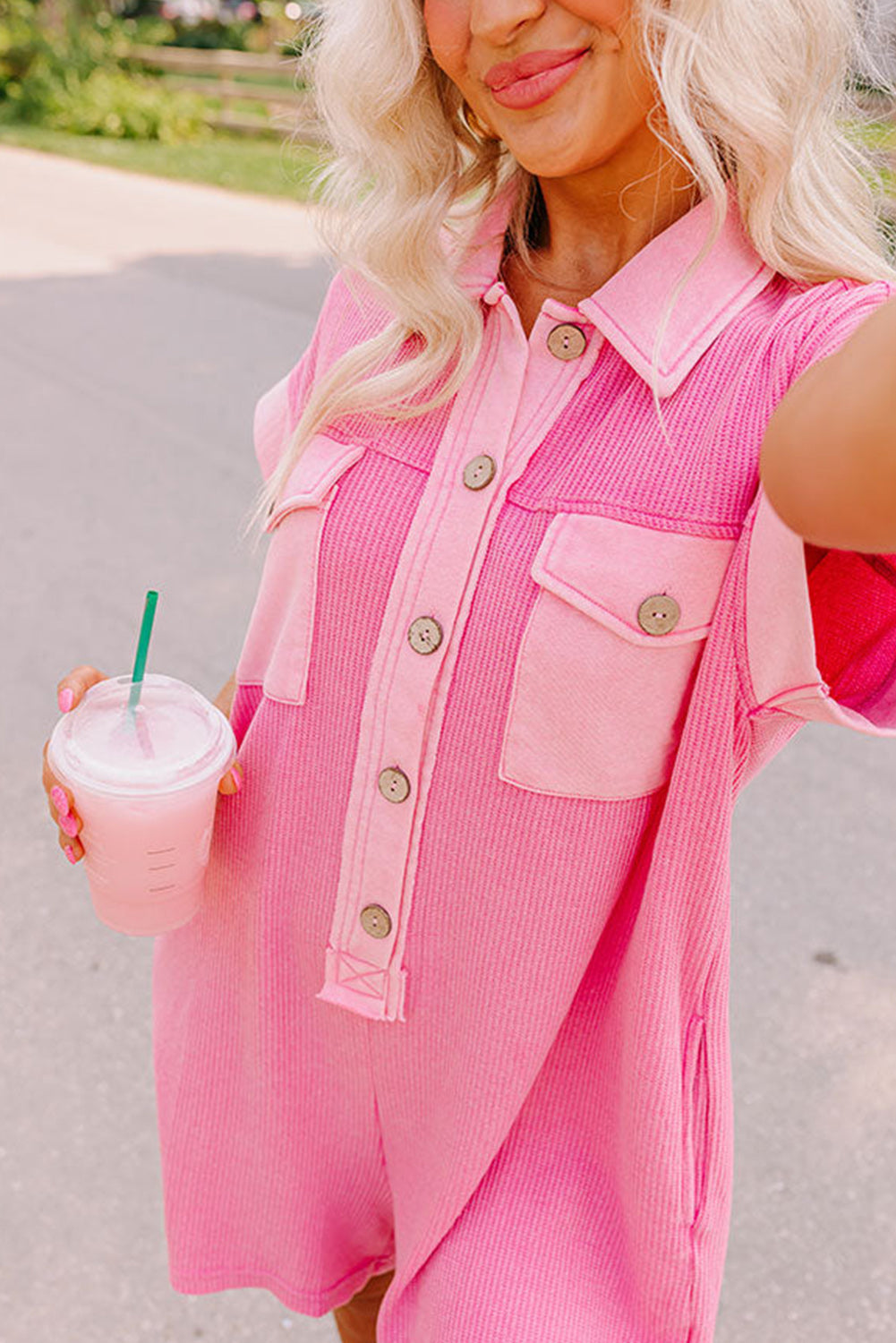 Pink Pocketed Buttoned Collared Short Sleeve Romper Bottoms JT's Designer Fashion