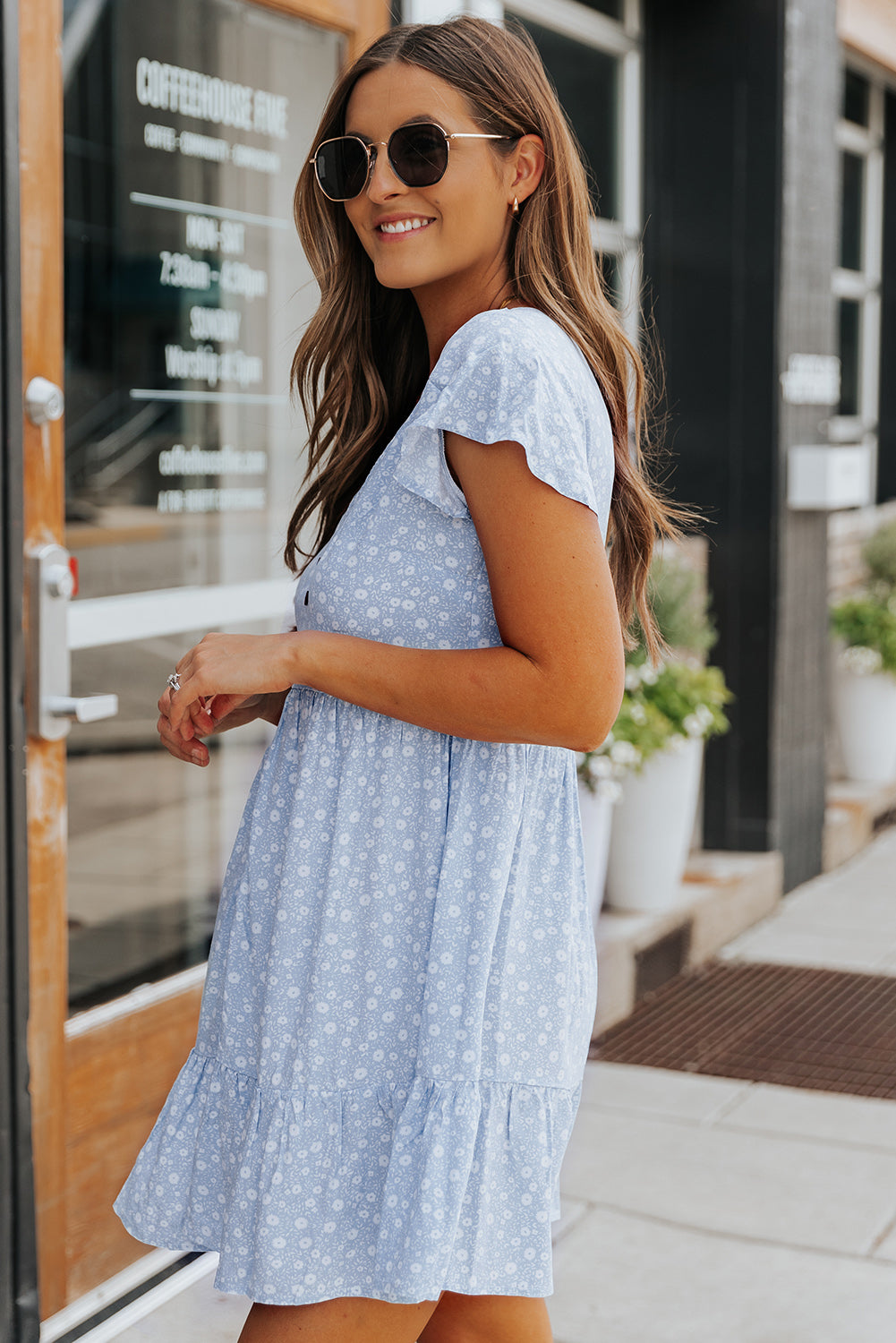 Sky Blue Floral V Neck Buttoned Babydoll Dress with Ruffled Hem Mini Dresses JT's Designer Fashion