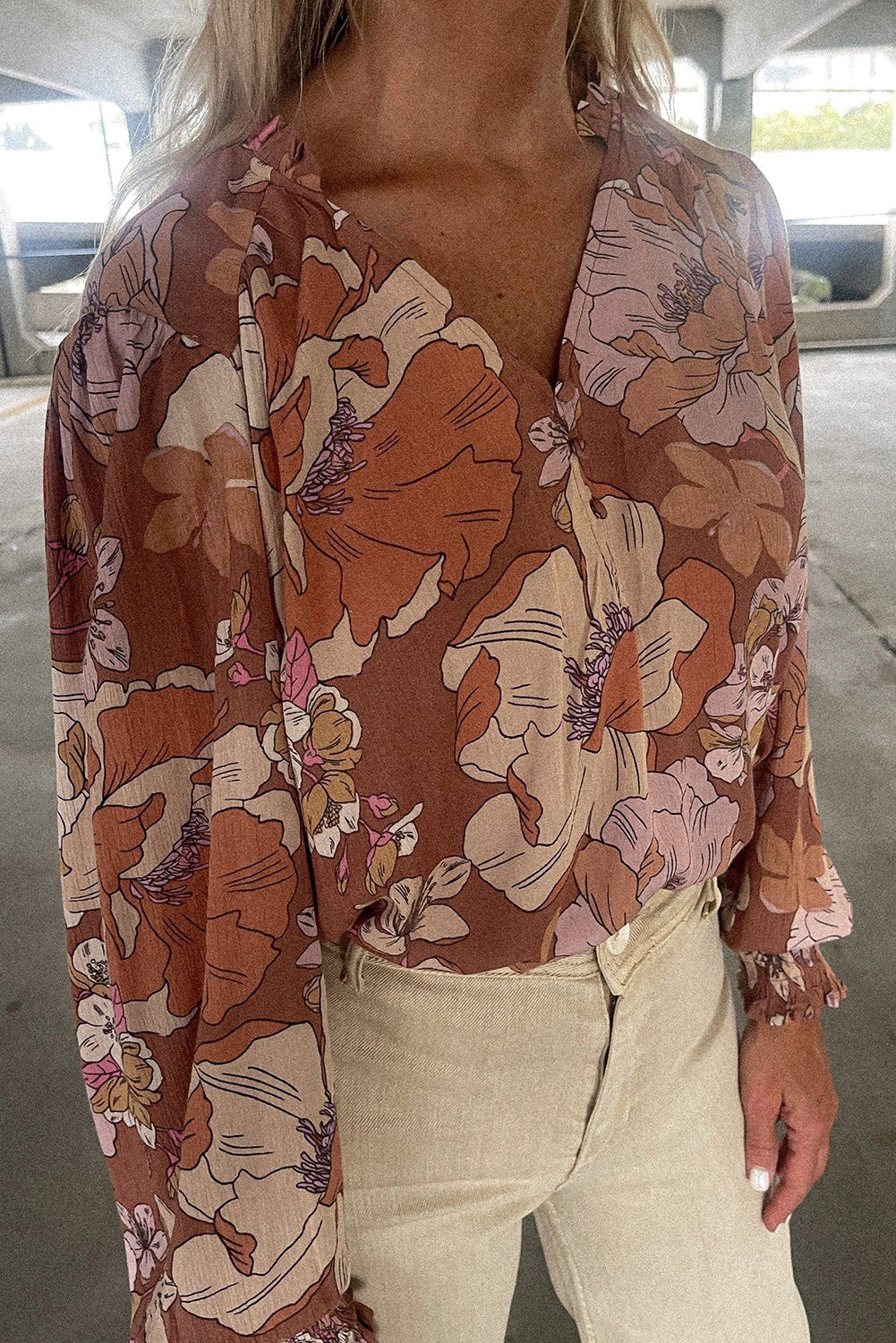 Brown Frilled V Neck Bubble Sleeve Floral Blouse Brown 100%Viscose Blouses & Shirts JT's Designer Fashion