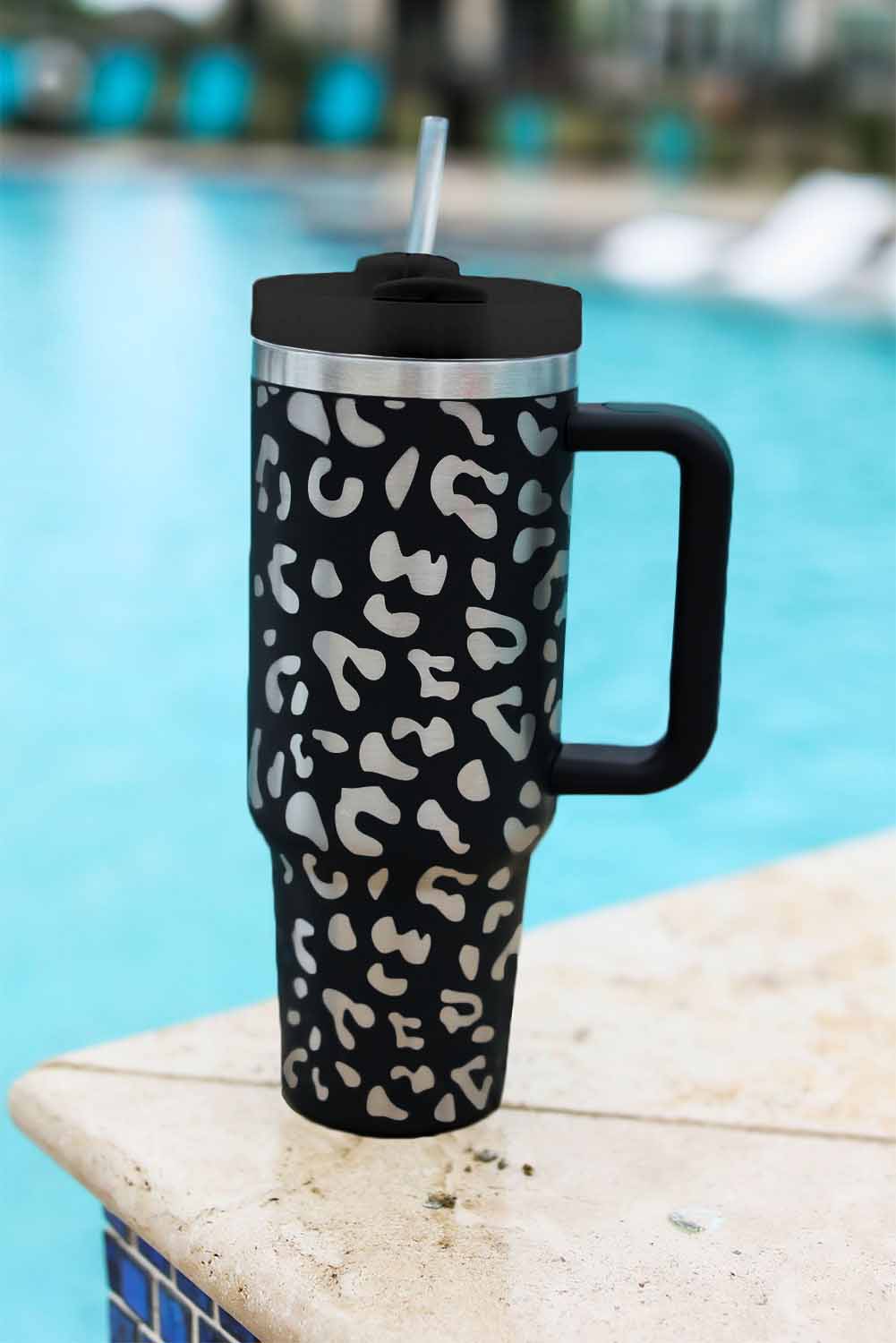 Black Leopard Print 40OZ Stainless Steel Portable Cup with Handle Tumblers JT's Designer Fashion