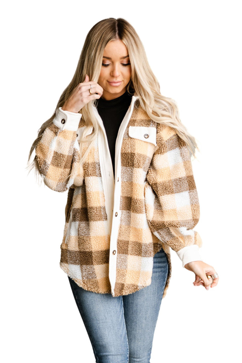 Khaki Plus Size Plaid Sherpa Shacket Outerwear JT's Designer Fashion