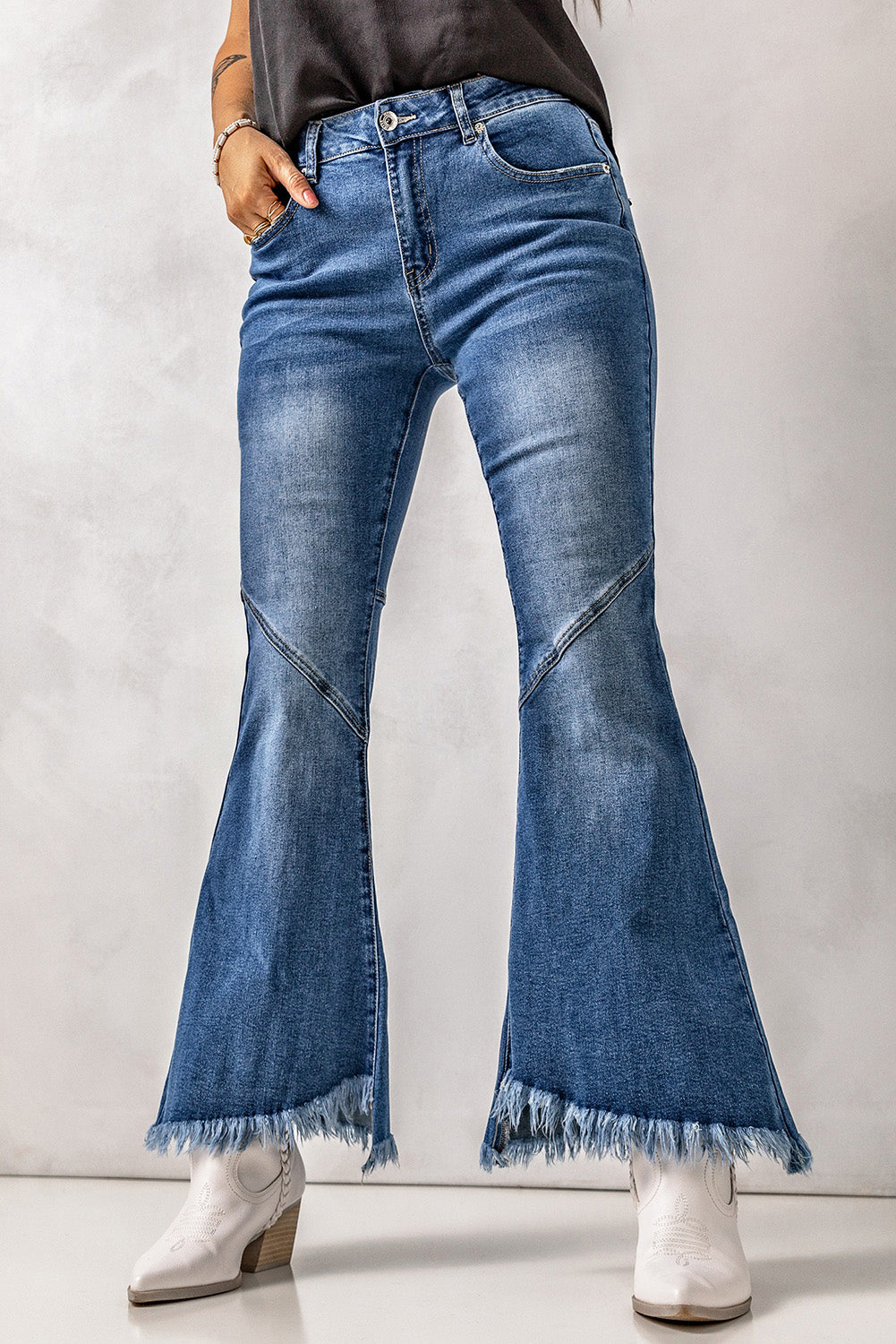 Sky Blue Vintage Frayed Tassel Bell Bottom Pants Jeans JT's Designer Fashion