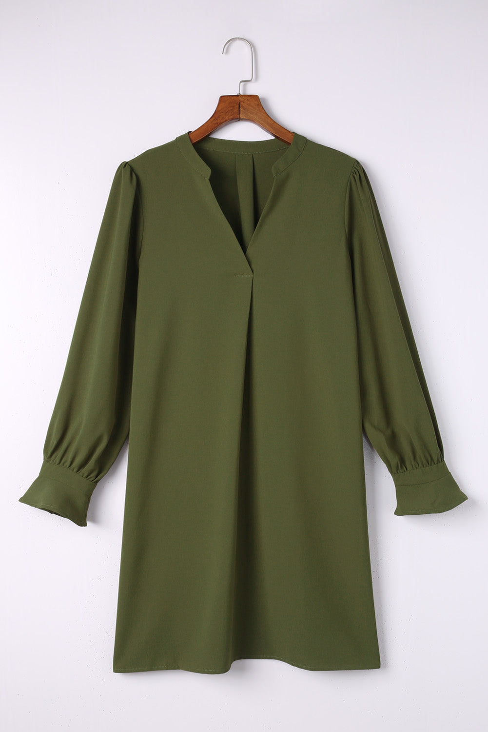 Green Split V Neck Ruffled Sleeves Shirt Dress Mini Dresses JT's Designer Fashion