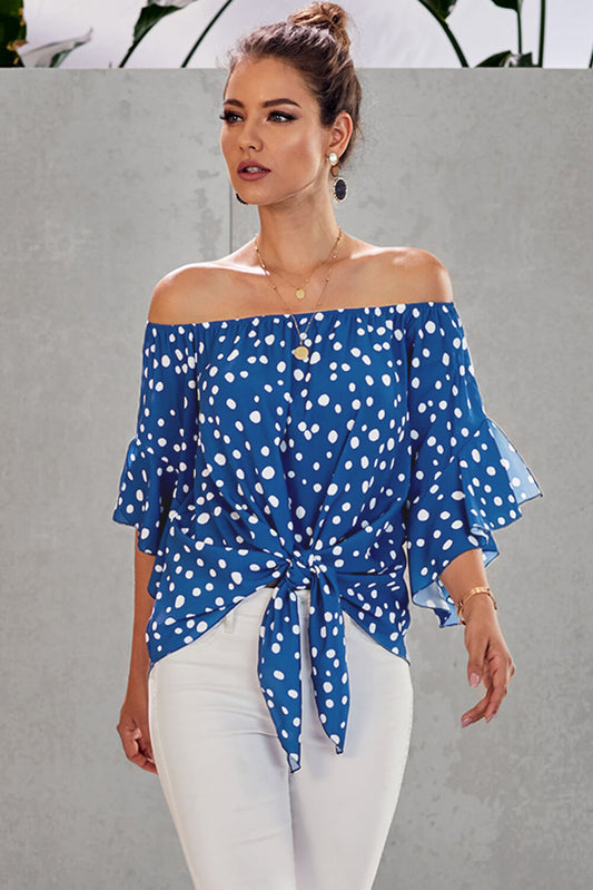 Sky Blue Polka Dot 3/4 Bell Sleeve Off Shoulder Front Tie Knot Top Tops & Tees JT's Designer Fashion