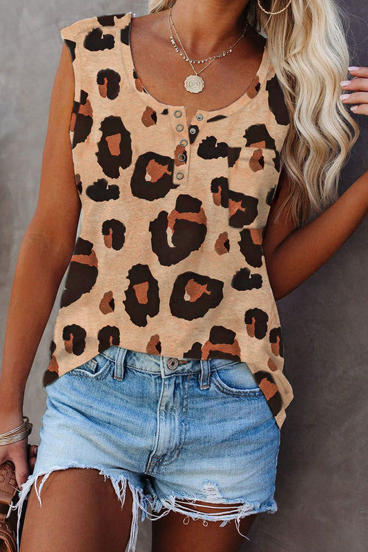 Leopard Button Neck Chest Pocket Tank Top Leopard 95%Polyester+5%Elastane Tank Tops JT's Designer Fashion