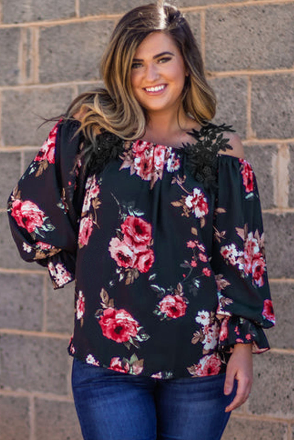 Navy Blue Plus Size Crochet Detail Cold shoulder Floral Blouse Plus Size JT's Designer Fashion