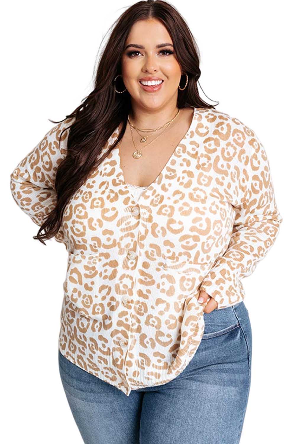 Leopard Ribbed Trim Plus Size Button Knitted Cardigan Plus Size JT's Designer Fashion