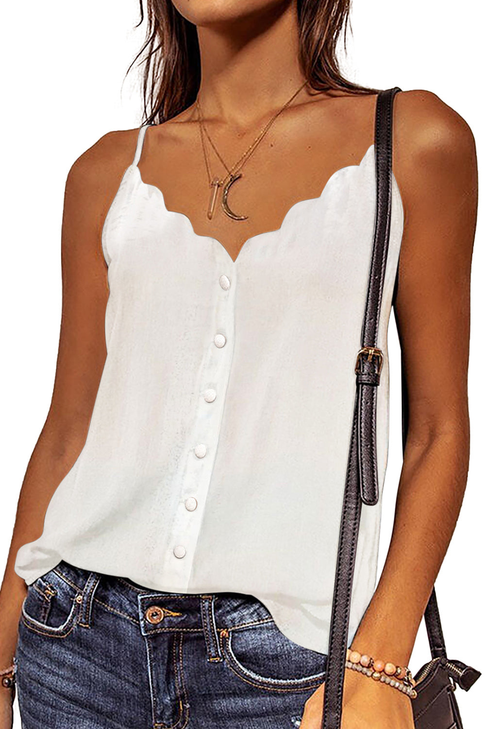 White Spaghetti Straps Buttoned V Neck Vest Tank Tops JT's Designer Fashion