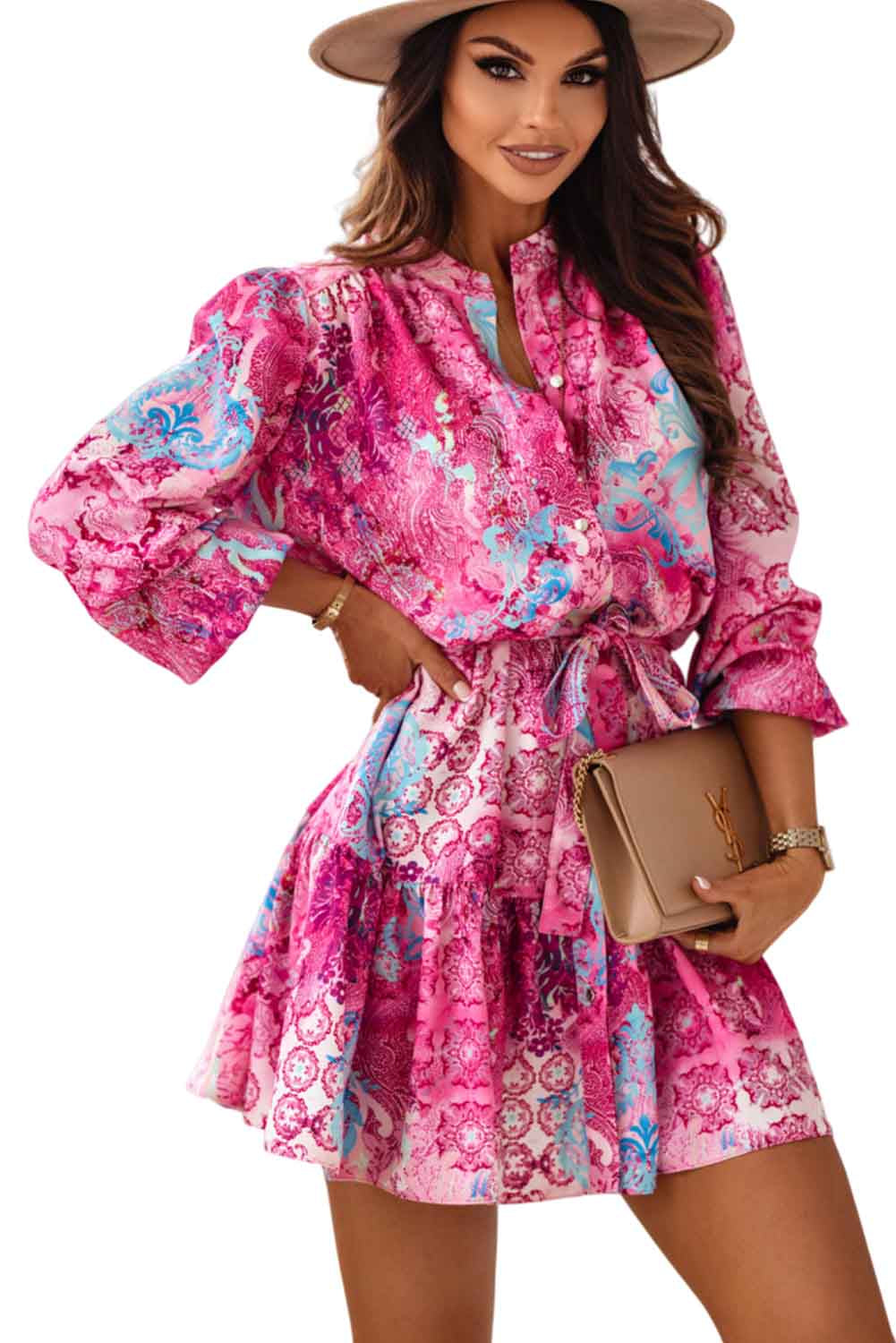 Rose Floral Long Sleeve Buttoned Waist Tie Ruffle Dress Dresses JT's Designer Fashion