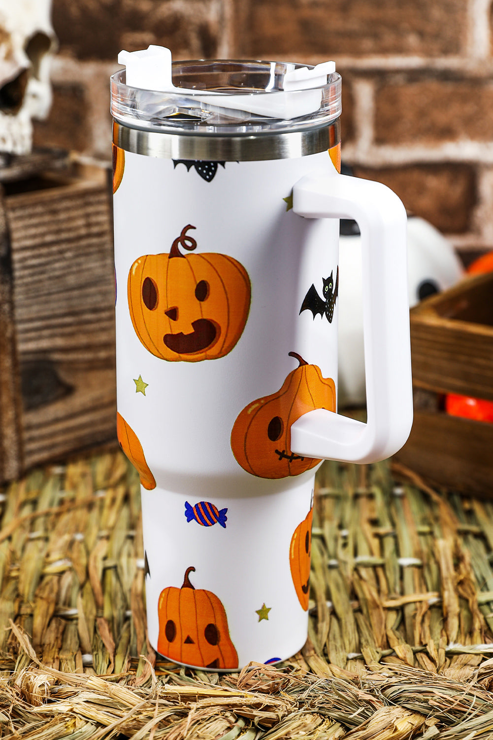 Bright White 40oz Halloween Print 304 Stainless Steel Thermos Cup Tumblers JT's Designer Fashion