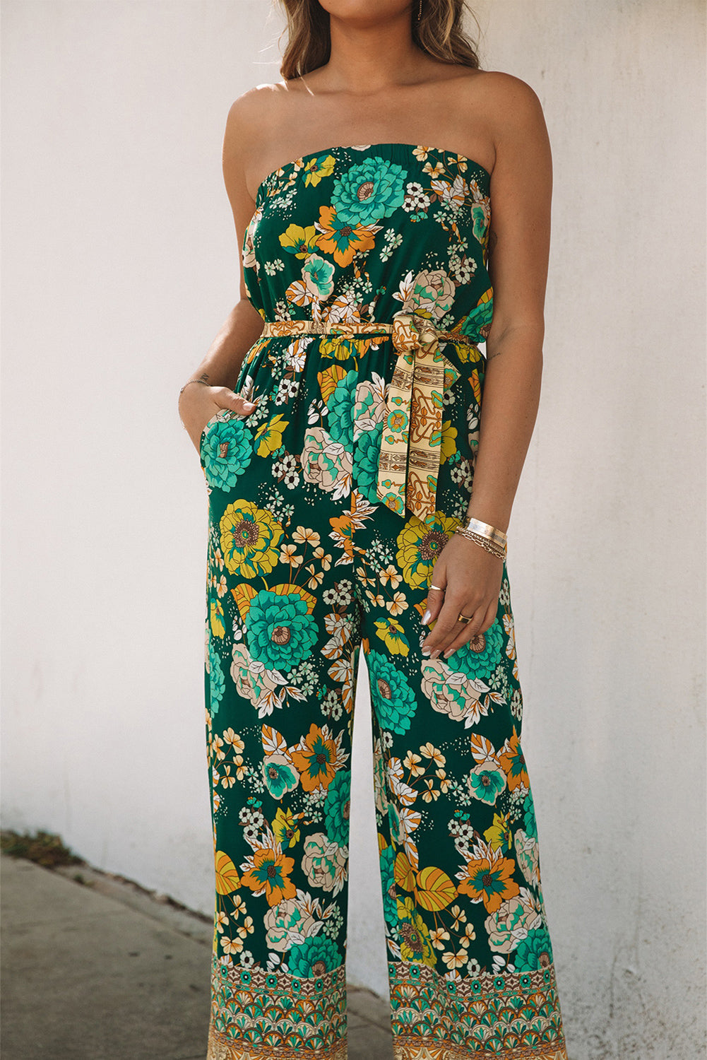 Green Boho Floral Belted Strapless Jumpsuit Jumpsuits & Rompers JT's Designer Fashion