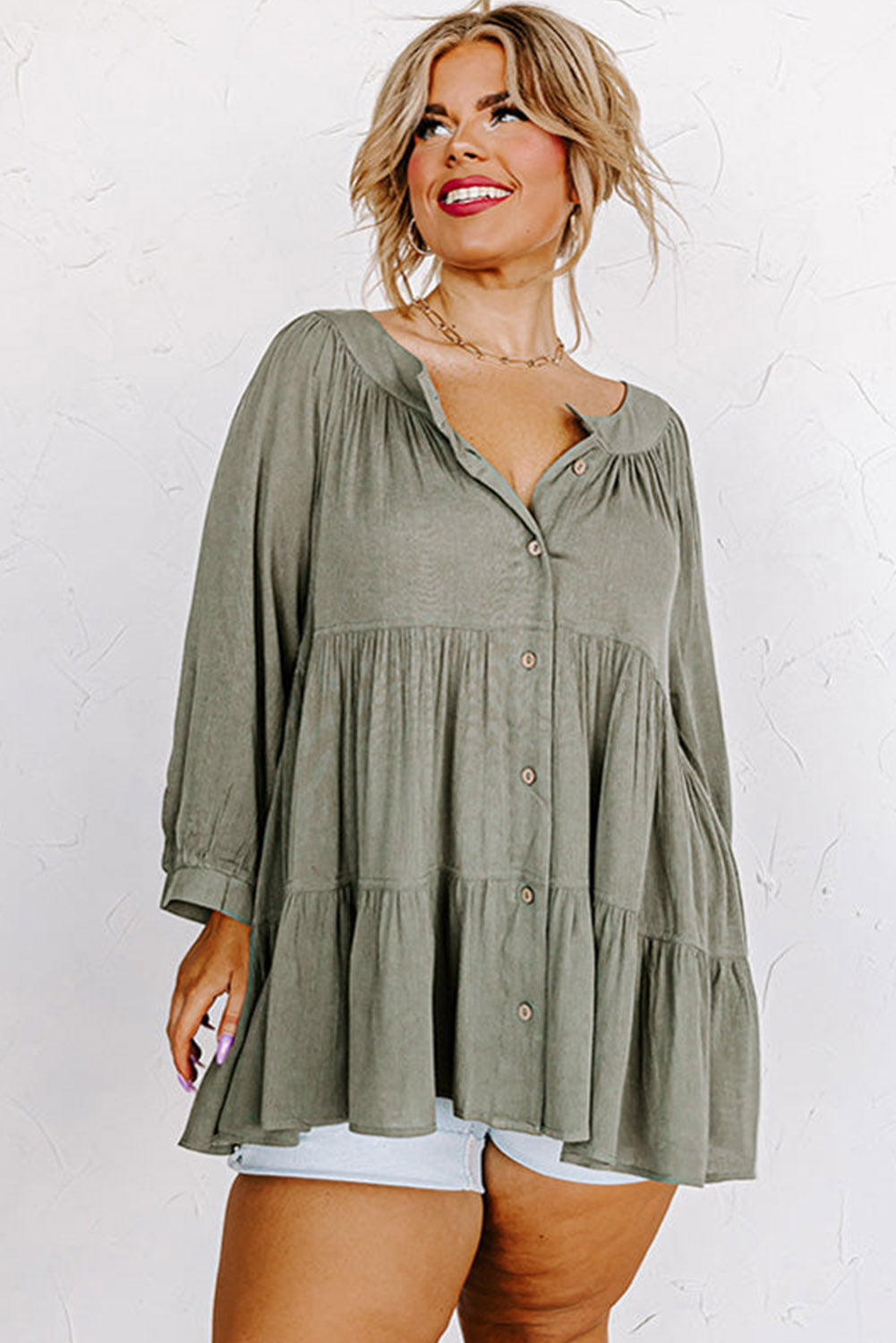 Green Button Down Split Neck Plus Size Ruffle Tiered Shirt Plus Size JT's Designer Fashion