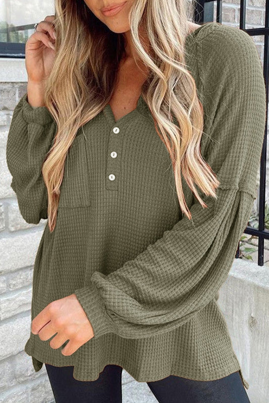 Green Buttoned V Neck Drop Shoulder Waffle Knit Top Green 62%Polyester+32%Cotton+6%Elastane Long Sleeve Tops JT's Designer Fashion