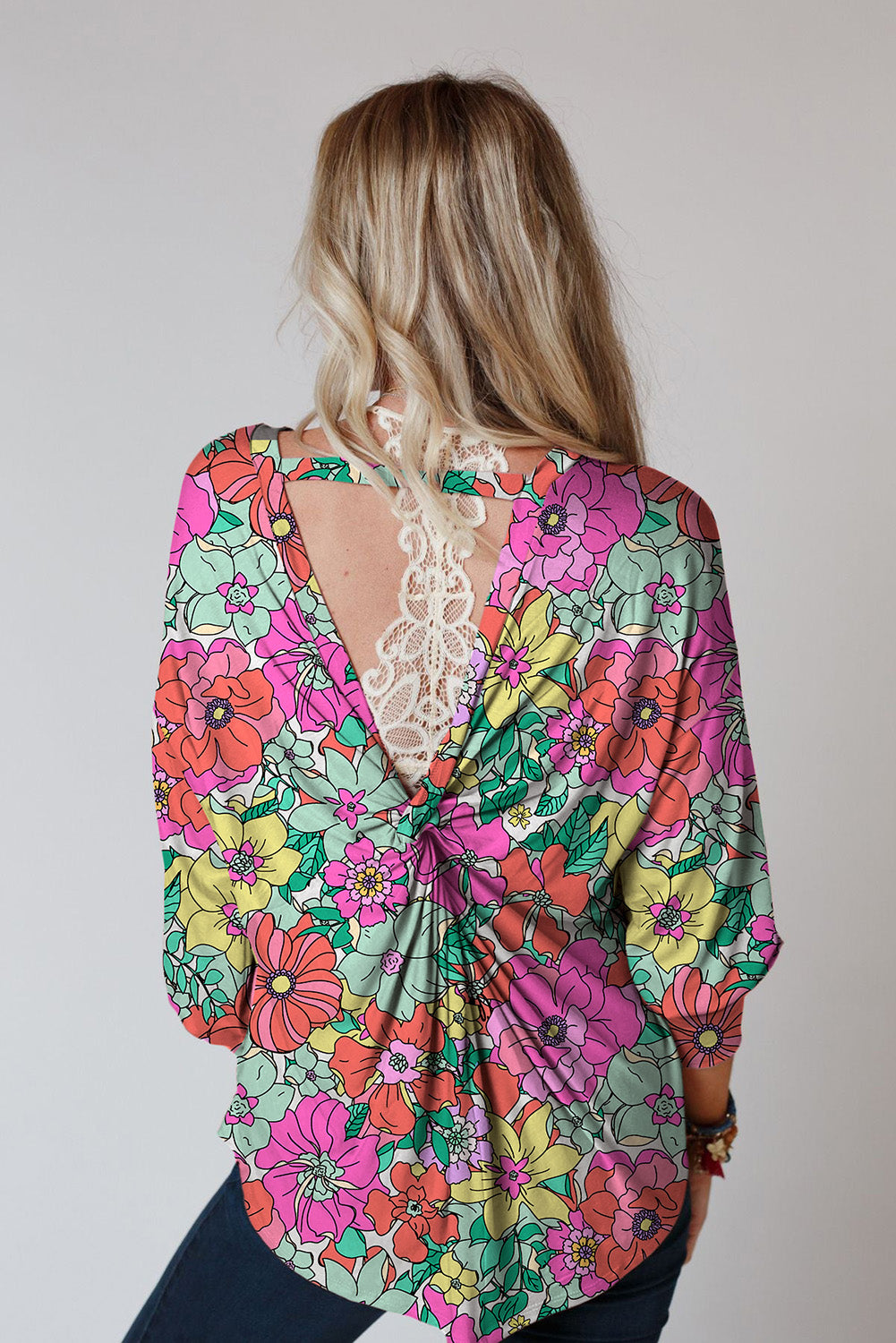 Multicolor Twisted Hollow-out Back Floral Blouse Tops & Tees JT's Designer Fashion