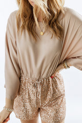 Khaki Sequin Patchwork Drawstring High Waist Romper Jumpsuits & Rompers JT's Designer Fashion
