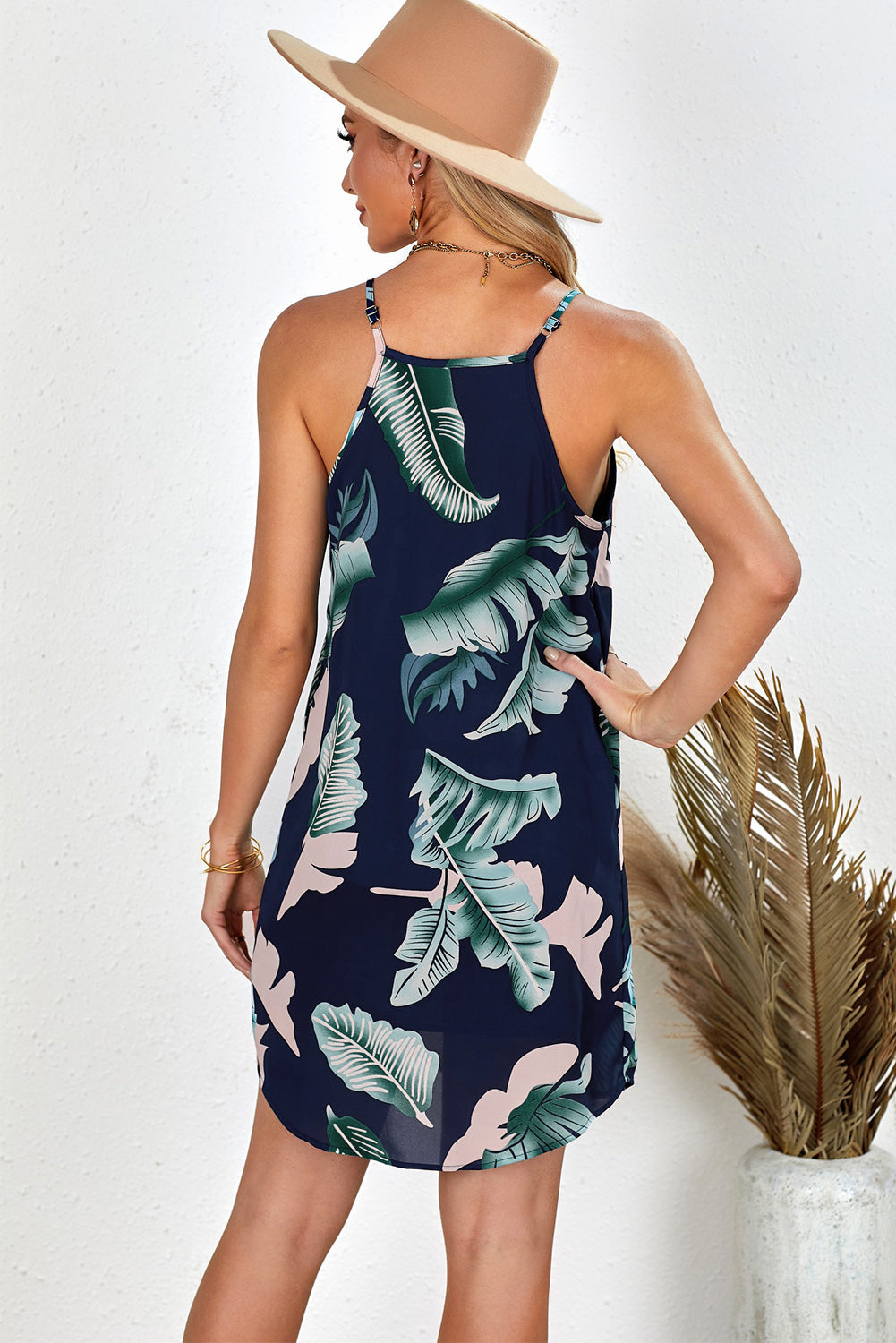 Palm Tree Leaf Print Navy Sleeveless Dress Floral Dresses JT's Designer Fashion