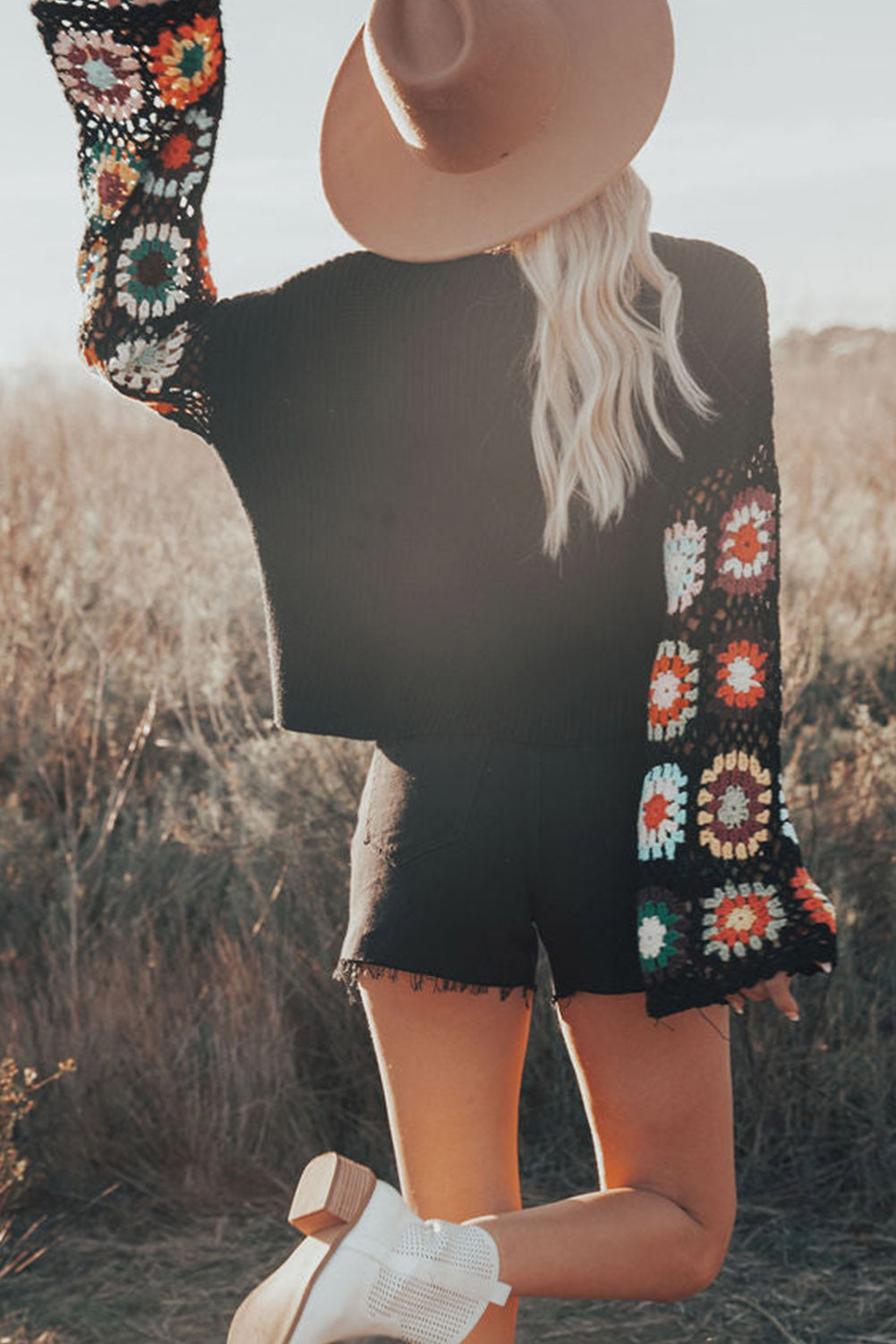 Black Floral Crochet Bell Sleeve Loose Sweater Pre Order Sweaters & Cardigans JT's Designer Fashion