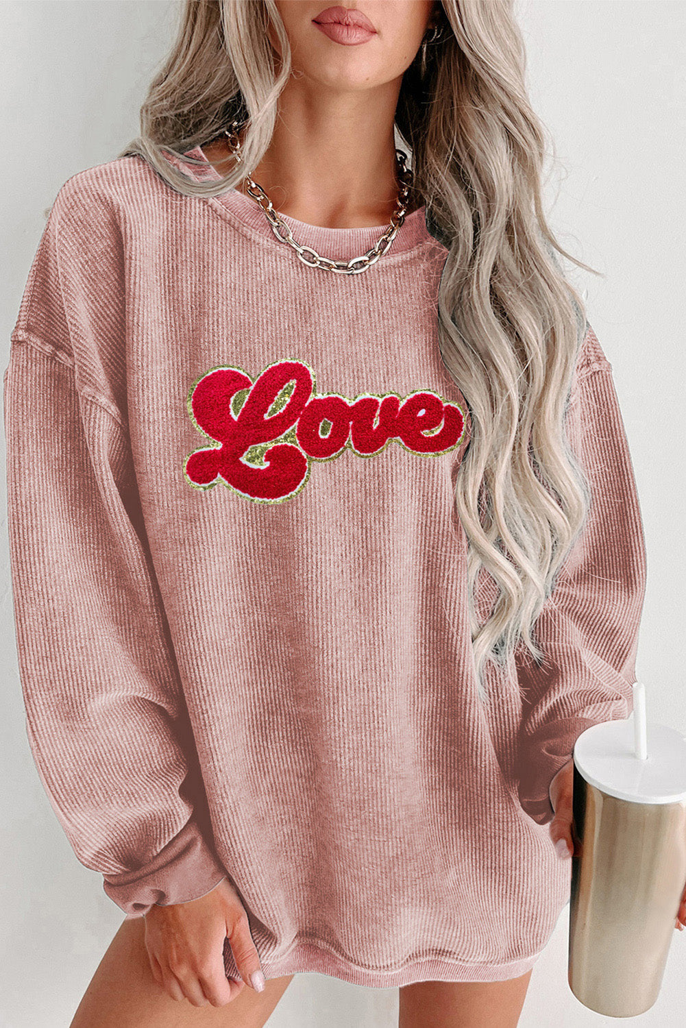 Pink Glitter Love Chenille Patch Corded Sweatshirt Pink 100%Polyester Graphic Sweatshirts JT's Designer Fashion