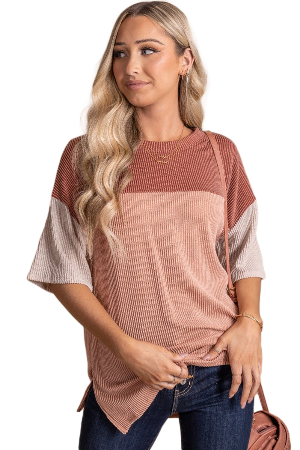 Rose Pink casual-friday-ribbed-color-block-top Plus Size JT's Designer Fashion