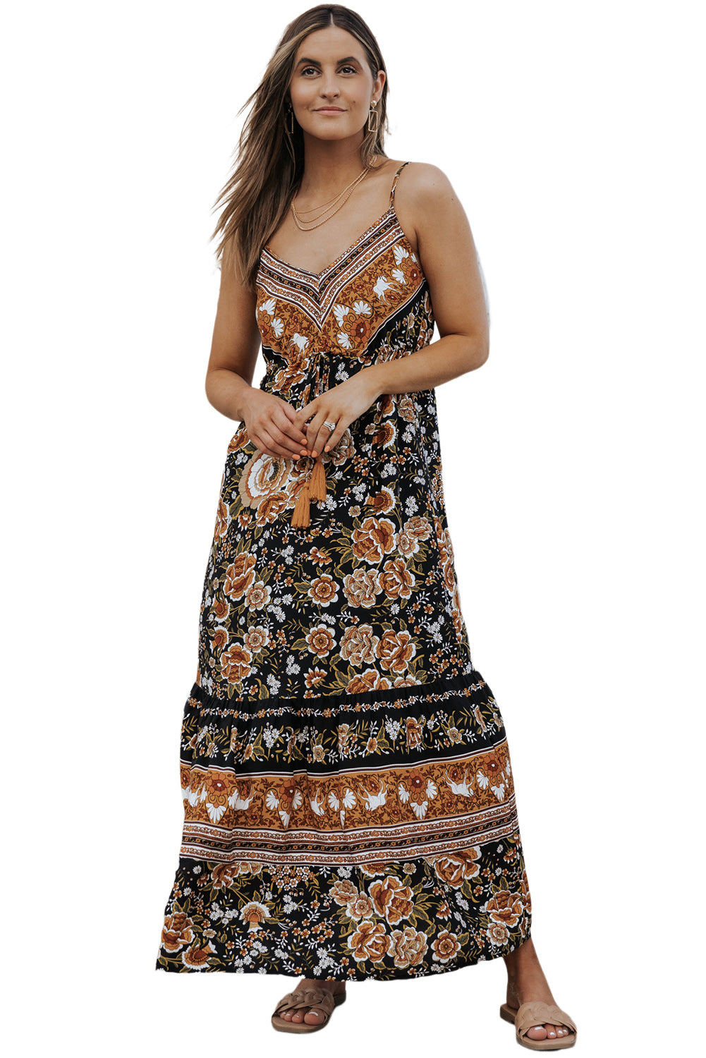 Black Retro Boho Floral Tassel Tie Maxi Dress Floral Dresses JT's Designer Fashion