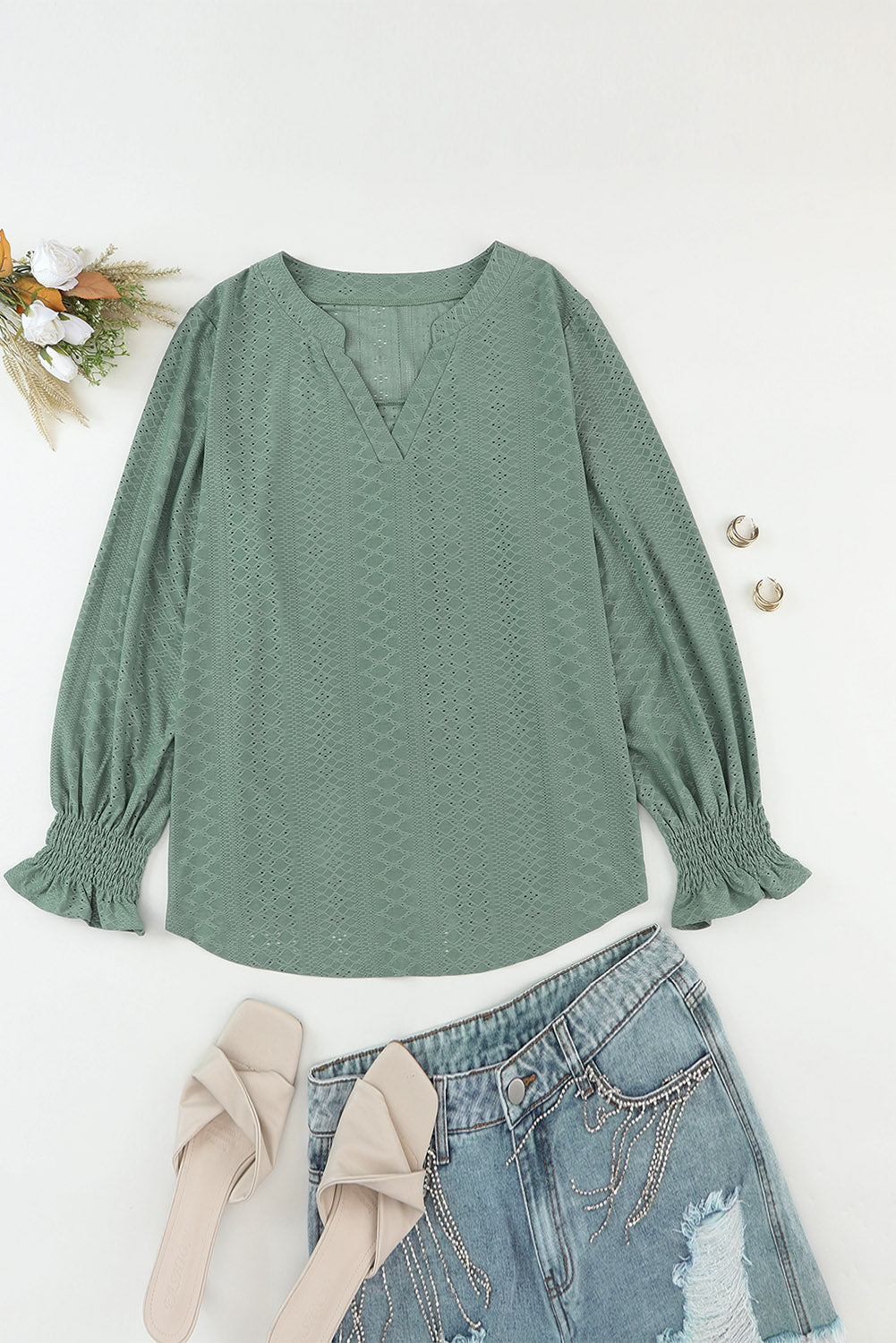 Green Eyelet Embroidered Split Neck Flounce Sleeve Curvy Top Plus Size JT's Designer Fashion