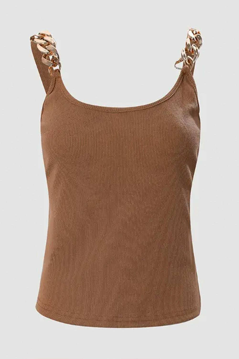 Brown Gold Chain Straps Rib Knit Tank Top Tank Tops JT's Designer Fashion