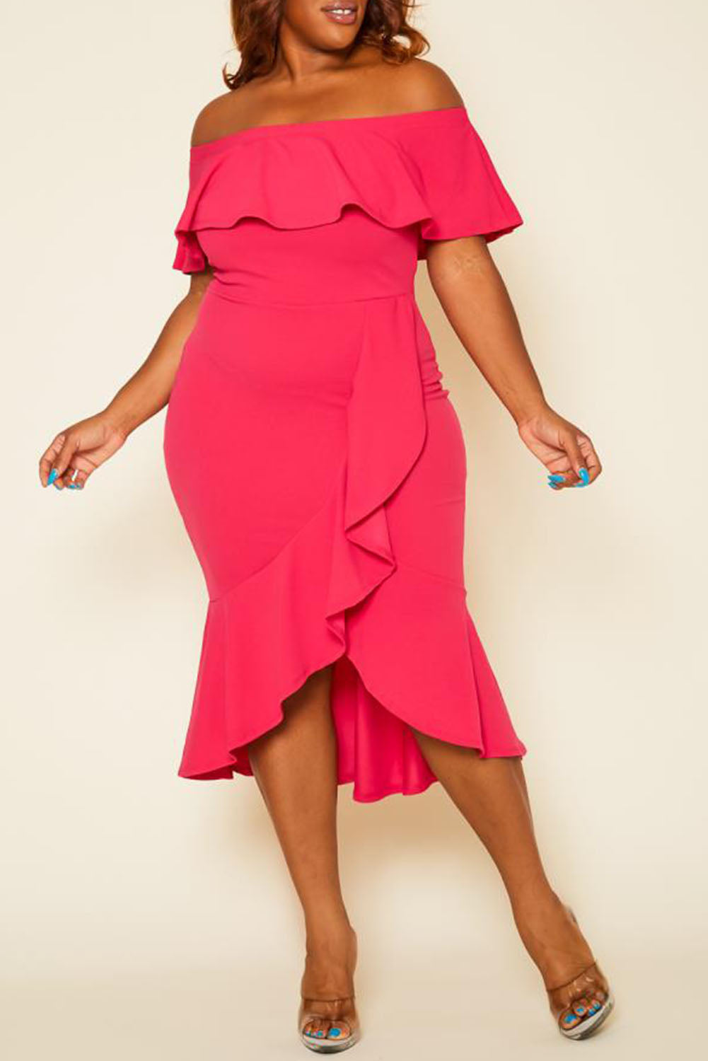 Rose Ruffled Off Shoulder High Low Plus Size Dress Plus Size JT's Designer Fashion