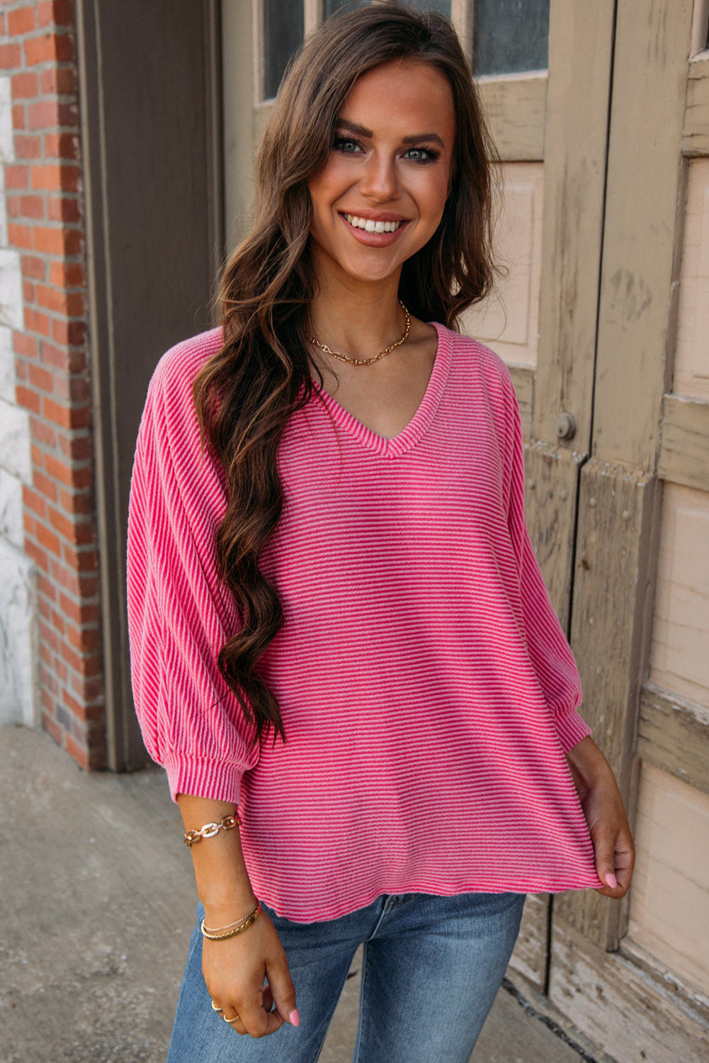 Strawberry Pink Striped Print Bracelet Sleeve V Neck Top Tops & Tees JT's Designer Fashion